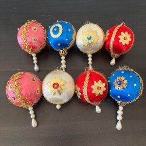 Vintage Beaded Satin Ball Ornaments // Handmade Gold Trimmed Push Pin Pearls